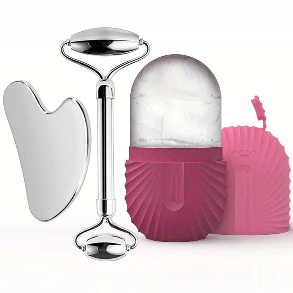 Ice Face Roller Facial Skincare Ice Roller Set, Stainless Steel Facial Roller Gua Sha Face Tool Face Massage Roller Mold Cube