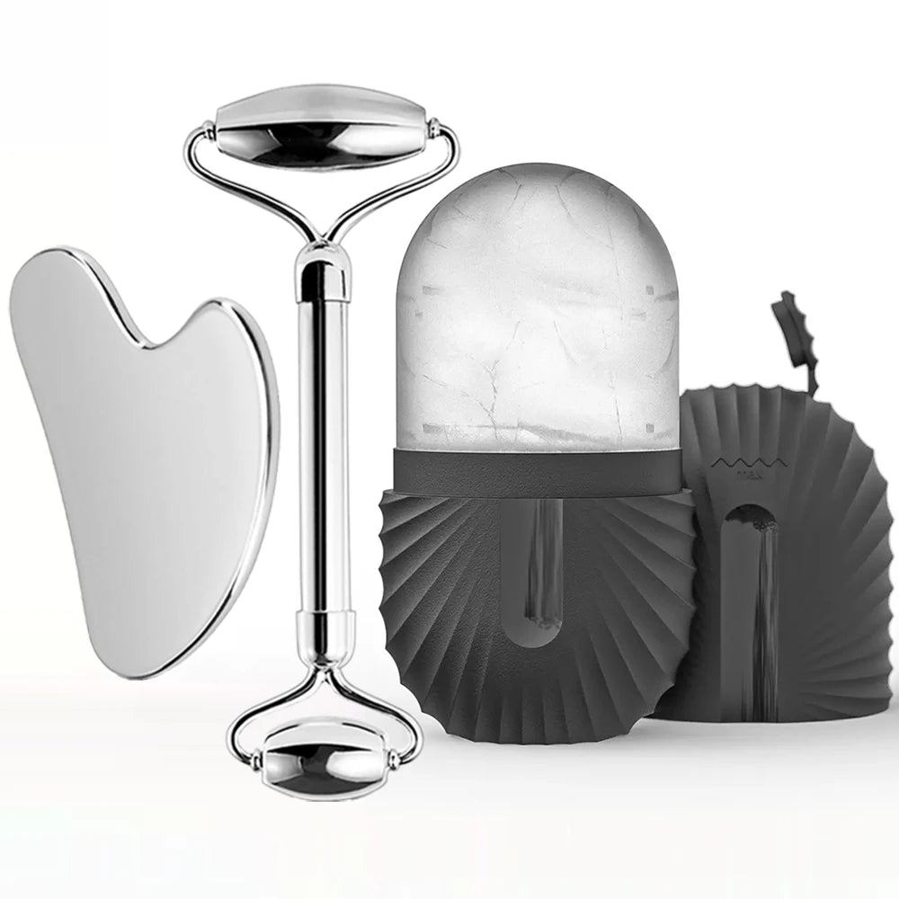 Ice Face Roller Facial Skincare Ice Roller Set, Stainless Steel Facial Roller Gua Sha Face Tool Face Massage Roller Mold Cube